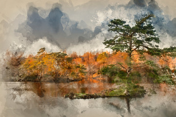 Digital watercolor painting of Beautiful landscape image of Tarn Hows in Lake District