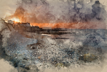 Naklejka na ściany i meble Digital watercolor painting of St Michael's Mount Bay Marazion landscape at sunrise Cornwall England
