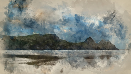 Digital watercolor painting of Sunrise landscape panorama Three Cliffs Bay in Wales with dramatic sky