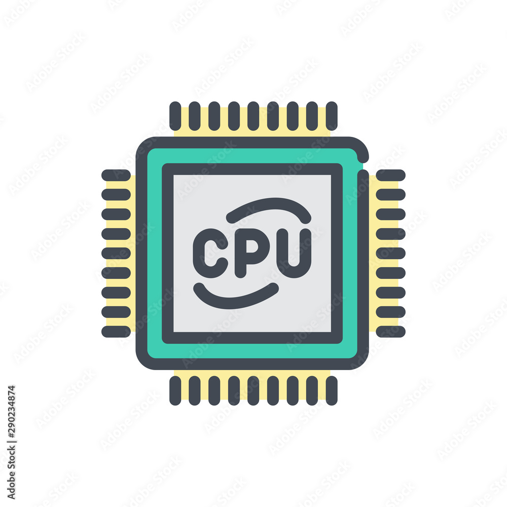 Poster computer processor color line icon. cpu vector outline colorful sign.