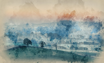 Digital watercolor painting of Stunning sunrise over fog layers in countryside landscape