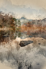 Digital watercolor painting of Beautiful Autumn Fall colorful sunrise over Blea Tarn in the Lake District