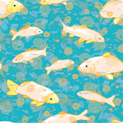 Wavy sealife goldfish koi seamless pattern. With waterplant, wave and fish in tones of blue and green. Modern, graphic, simple style. Perfect for restaurant menue, packaging design, aqua and sea