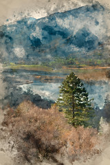 Digital watercolor painting of Stunning Autumn Fall landscape image of view from route to Walla Crag near Derwent Water in Lake District