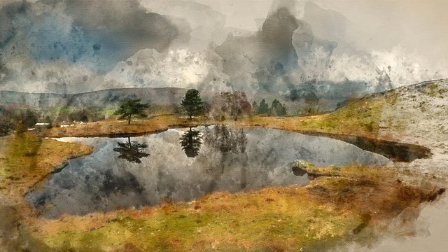 Digital watercolor painting of Stunning landscape image of dramatic storm clouds over Kelly Hall Tarn in Lake District