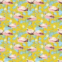 colorful summer exotic jungle pattern. Botanical leaf, line art etching style, in pastel blue tones. Cottage lake, fish, butterfly. Fashion, home decor, stationary.