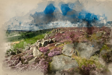 Digital watercolor painting of Beautiful vibrant landscape image of Burbage Edge and Rocks in Summer in Peak District England