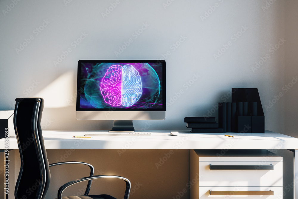 Aufkleber desktop interior with computer, table and chair. data theme brain drawing on screen. 3d rendering.