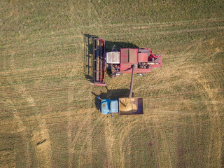 Fototapeta na wymiar Aerial drone view of a filling process during farm work. Combine harvester loads corns to the truck in a field. Penza region, Russia.