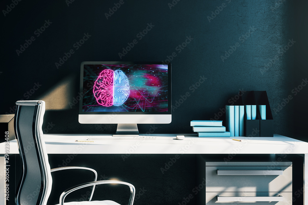 Poster desktop interior with computer, table and chair. data theme brain drawing on screen. 3d rendering.