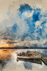 Digital watercolor painting of Beautiful landscape sunrise over still lake with boats on jetty
