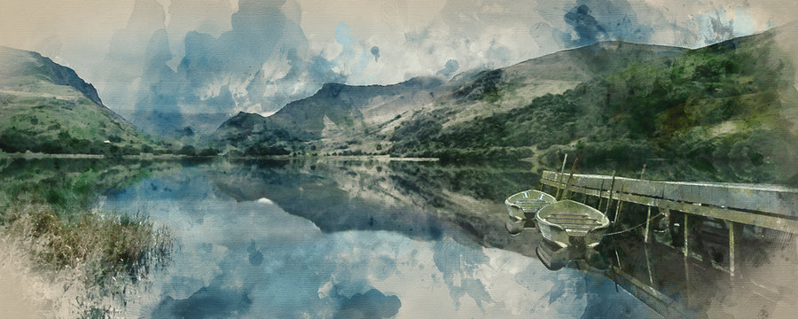 Digital watercolor painting of Panorama landscape rowing boats on lake with jetty against mountain background