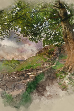 Digital watercolor painting of Beautiful landscape image of Sycamore Gap at Hadrian's Wall in Northumberland