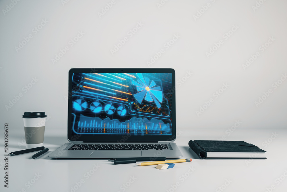 Aufkleber laptop closeup with business theme drawing on computer screen. 3d rendering.