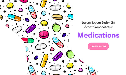 Vector background with pills and capsules. Medicine or dietary supplements. Doodle. Design for clinics, hospitals, pharmacies. Online store. Landing page template, banner, mailing, advertising, label