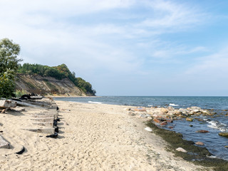the steep bank, sandstone outcrops in the shallow Baltic Sea coast, Zelenogradsk, Russia