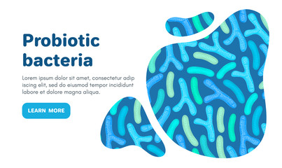 Vector background with probiotics. Bifidobacterium, lactobacillus. Lactic acid bacterium. Microbiome. Medicine or dietary supplement. Landing page, banner, mailing, advertising, label, presentation