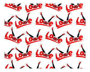 Seamless pattern with Love word hand drawn lettering. Design for print on shirt, poster, banner. Pink color text on white background. female legs in stockings. Legs in red shoes.