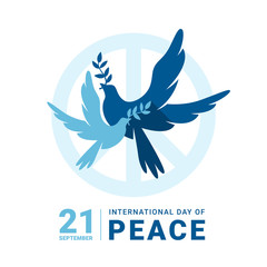 Obraz premium international peace day - two blue dove with leaf on circle peace sign vector design