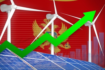 Montenegro solar and wind energy rising chart, arrow up - modern natural energy industrial illustration. 3D Illustration
