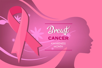 Breast cancer awareness web banner illustration for support and healthcare. Woman face and hair silhouette with handwritten quote. Lettering. Vector illustration.