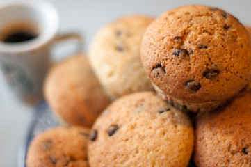  Home made.chocolate chip muffins with a cup of coffee