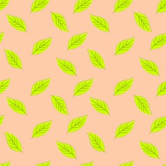 seamless pattern with green leaves on pink, vector drawing