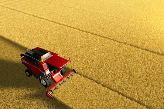 Red farm harvester works on large golden field - view from above in drone photo style, industrial 3D illustration