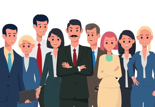Team of cute cheerful men and women employees or colleagues. Office workers. A friendly team of like-minded people. Colorful vector illustration in flat cartoon style.