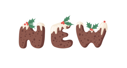 Cartoon vector illustration Christmas Pudding. Hand drawn font. Actual Creative Holidays bake alphabet and word NEW