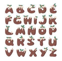 Cartoon vector illustration Christmas Pudding. Hand drawn font. Actual Creative Holidays bake alphabet