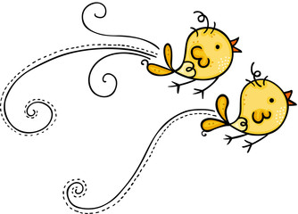 Two yellow birds flying isolated