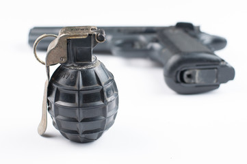 Fototapeta premium Gun and bomb isolated on white background.Pistol isolated