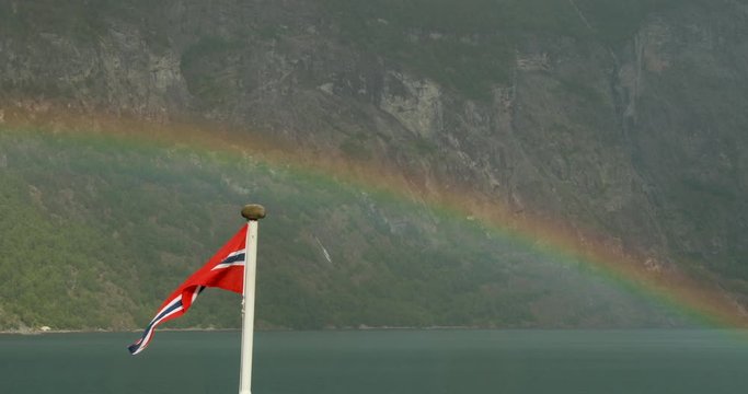Sunnylvsfjorden, Norway. Colorful Rainbow Above Sunnylvsfjorden Spring Landscape. View From Floating Touristic Ship Ferry Boat In Summer Day. Famous Norwegian Landmark And Popular Destination