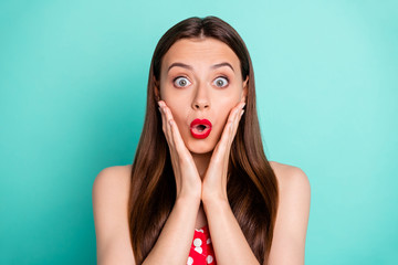 Close-up portrait of her she nice attractive lovely funny girlish cheerful cheery straight-haired girl showing omg emotion expression isolated on green blue turquoise bright vivid shine background