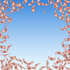 Russian ruble notes falling. Sparse RUB bills on b