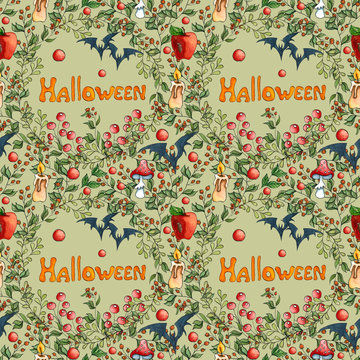 Watercolor Halloween seamless pattern. Hand drawn Halloween holiday composition with apple, candle, bat, mushrum and poisin twigs on green background.