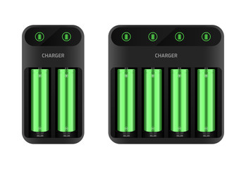 Battery charger concept. Two and four slots, display with information. 