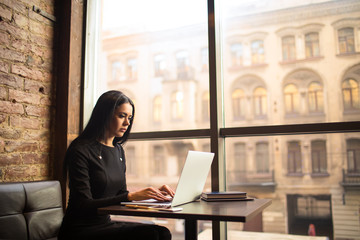 Serious woman professional marketing coordinator publication on web page resume while sitting in...