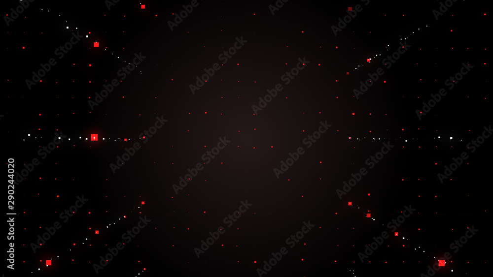 Poster abstract rays of bright tiny red squares on black going from the central sourse of light.