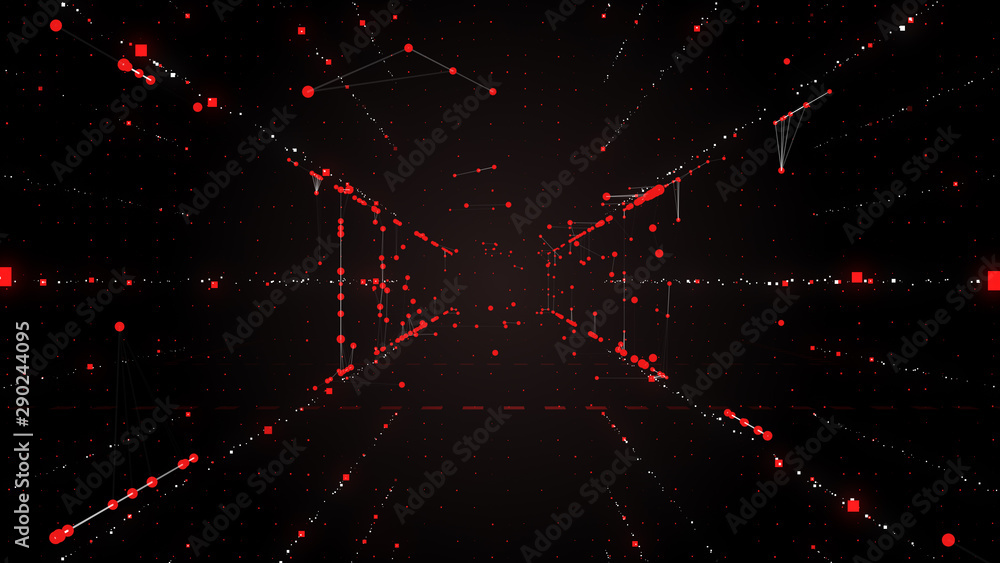 Poster abstract dynamic red square particles motion through the black space.