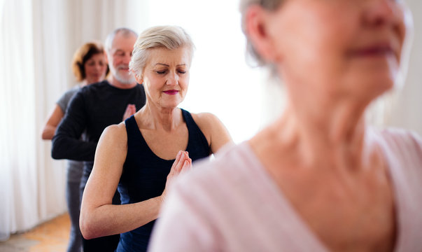 Group of senior people doing yoga exercise in community center club.