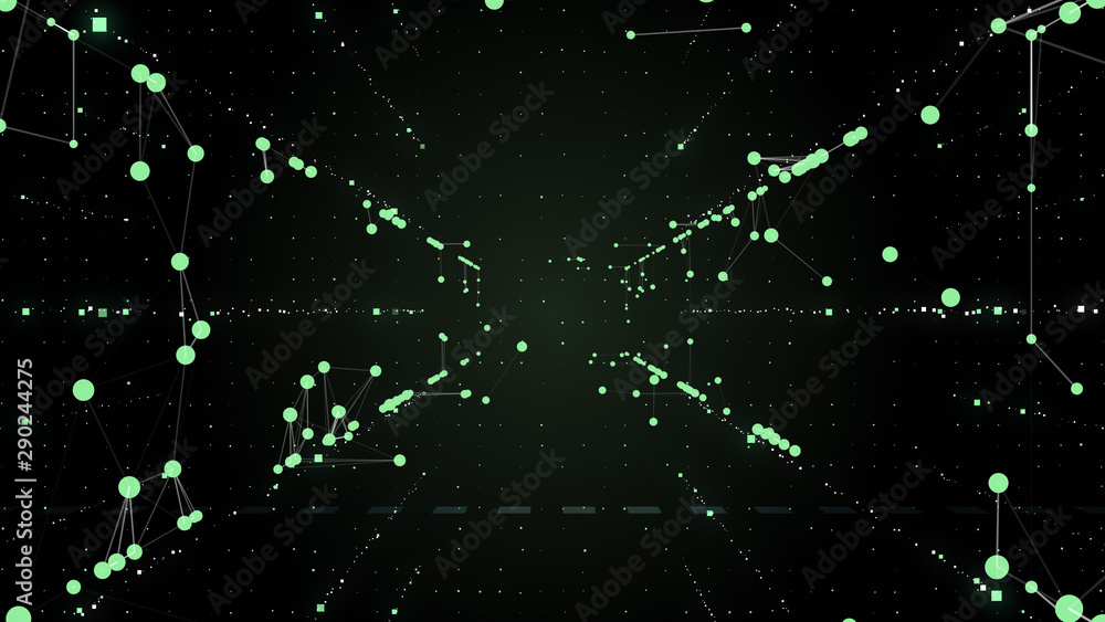 Poster abstract connected dots wireless communication network on space background.