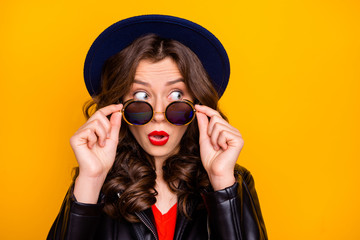 Closeup photo of amazing lady on vacation abroad staring at very big shopping prices wear stylish...