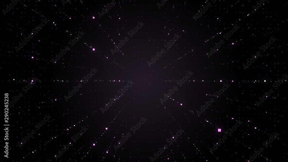 Poster dynamic transparent violet square particles motion through the black space.