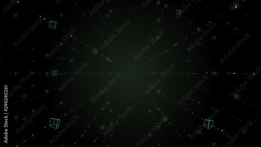 Aufkleber overlaid abstract database blocks on black background.