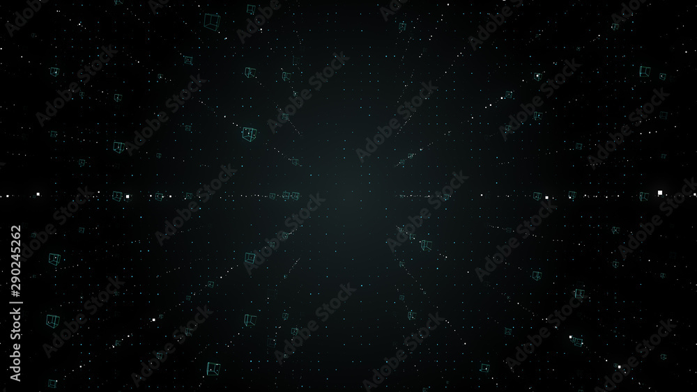Poster abstract geometric real floating transparent cubes on the black backdrop.