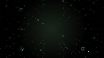 Fototapeta premium Overlaid abstract database blocks on black background.