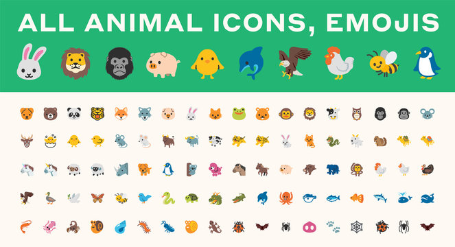 All Animals Vector Icons, Emojis Set. Colored Line Wildlife Symbols. Animal Face, Head Emojis, Emoticons Set, Collection.
