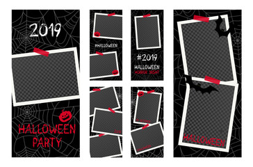 Halloween insta banner with photo frames, spider web, bat, pumpkin on dark, black halloween background for social media stories (app). Scary party flyer templates. Website spooky, trick banner set. 
